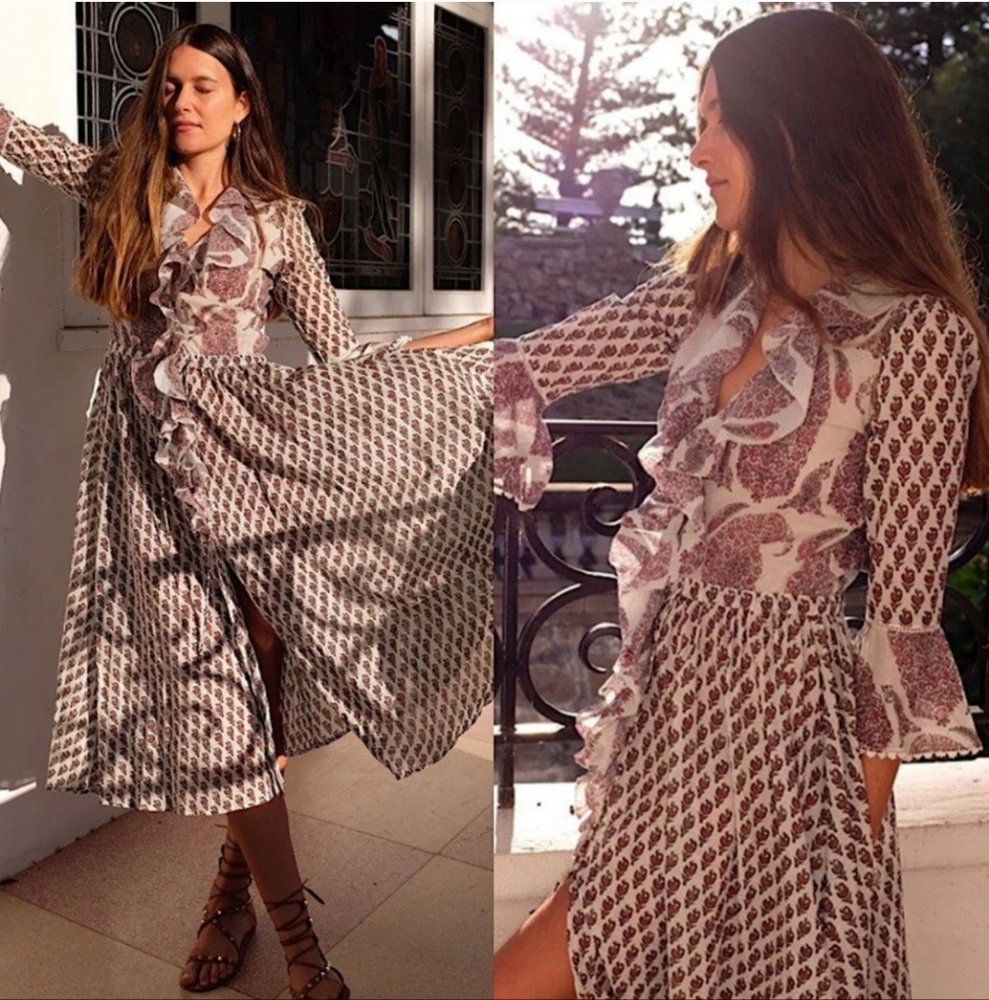 BOTEH Organic Cotton Calico Paisley Ruffle Boho Dress size 8